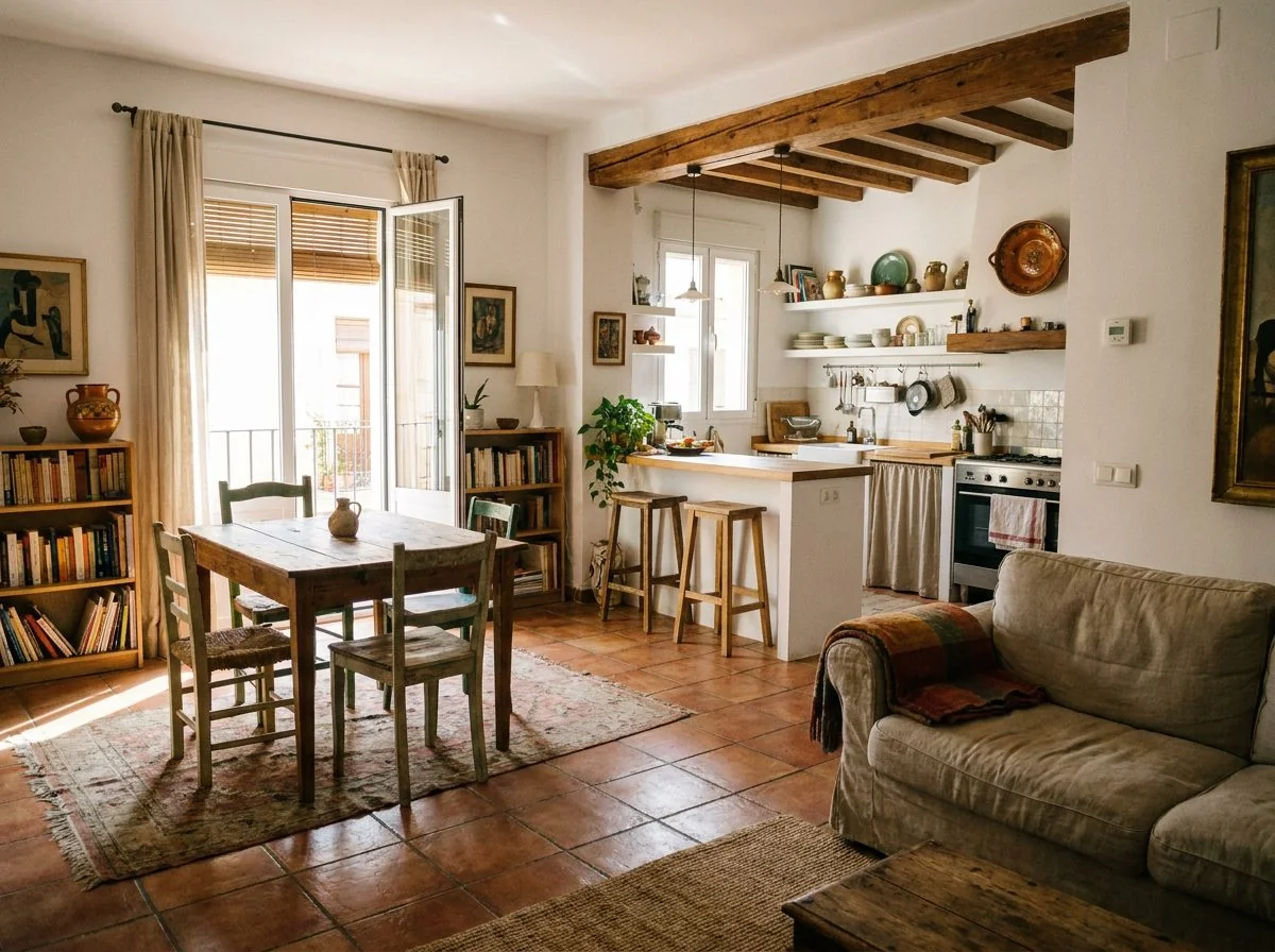 Salón rústico · Vigas vistas y suelo barro