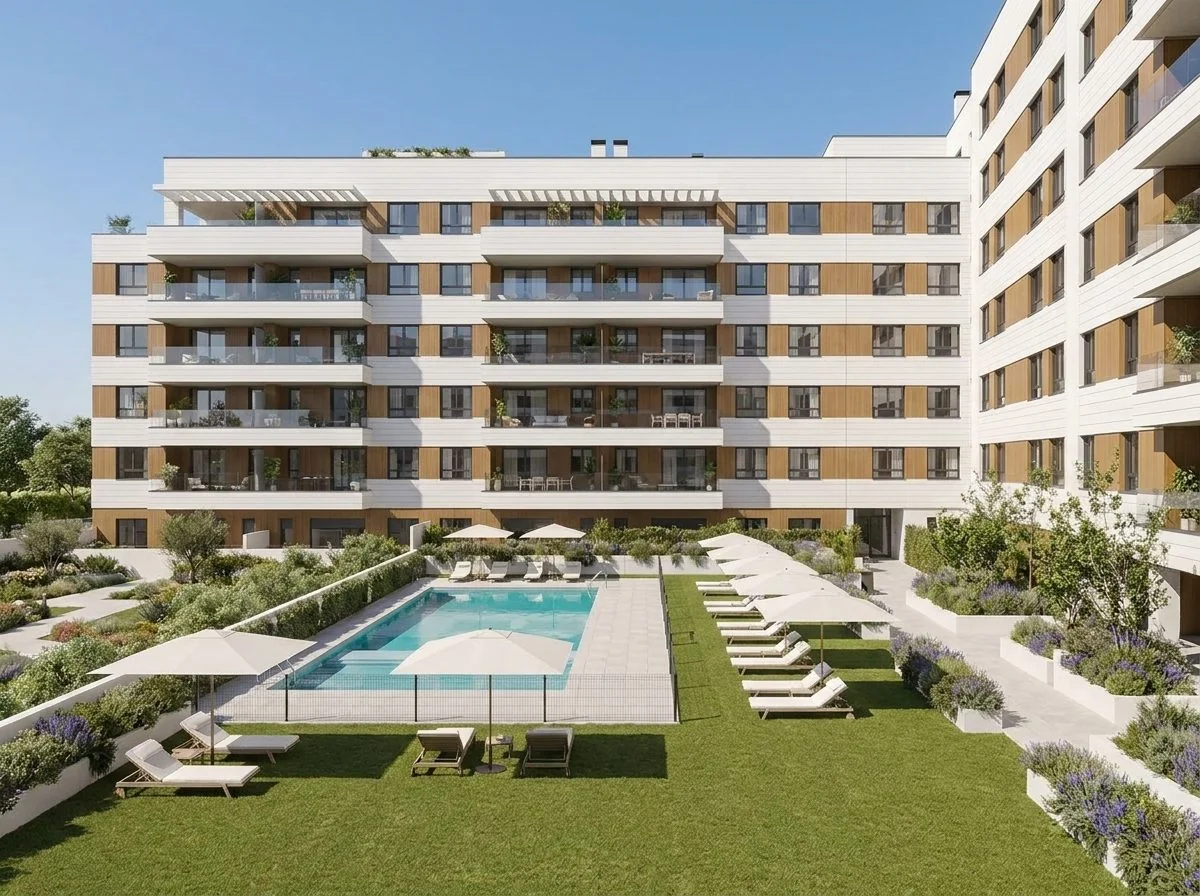 Edificio residencial · Piscina y zonas comunes