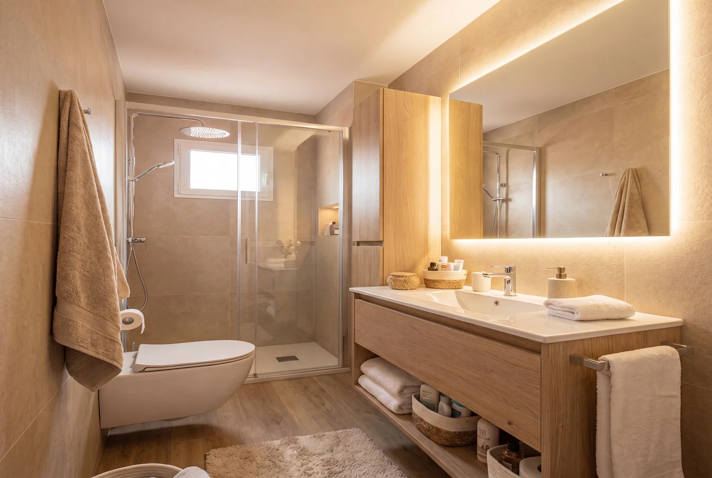 Baño principal · Doble lavabo y ducha