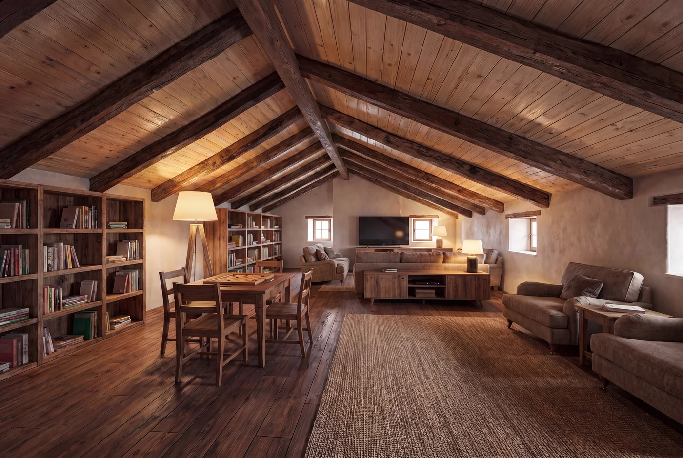 Salón abuhardillado · Vigas y madera vista